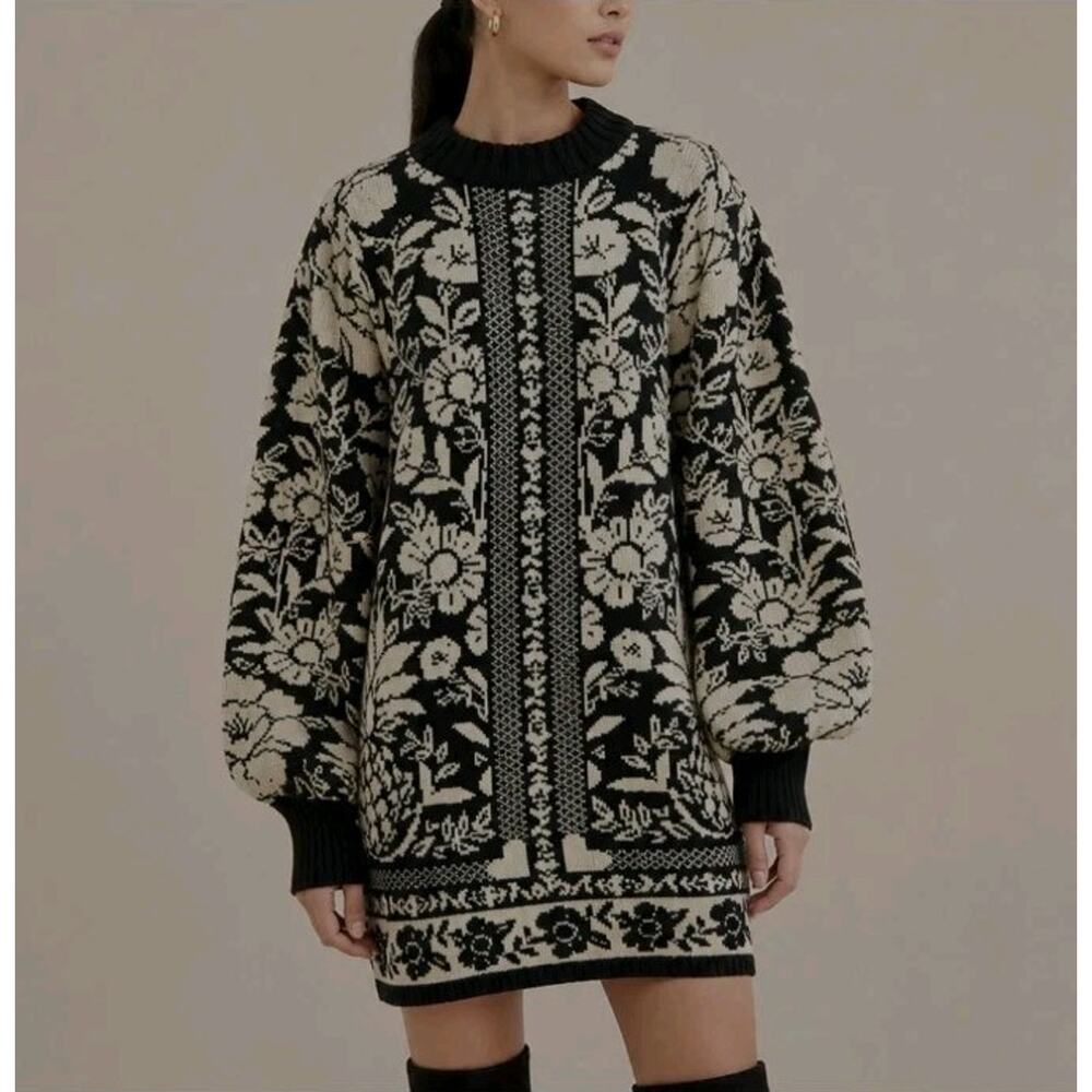 FARM RIO Pineapple Garden Mini Sweater Dress Black Cream Floral Knit NWT Size M
